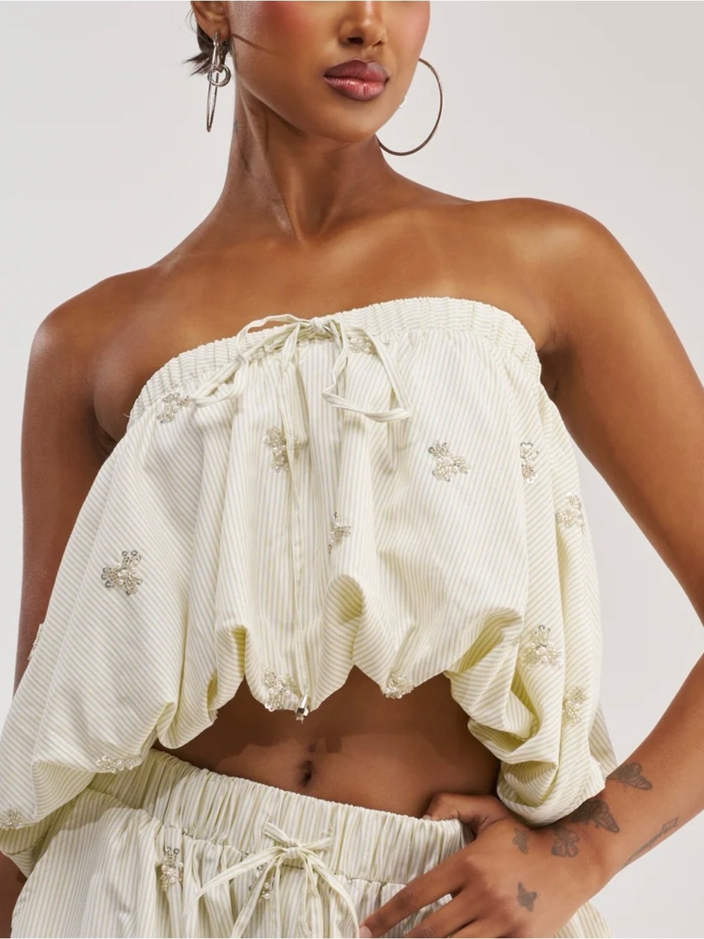 Strapless Cream Embroidered Bubble Hem Top
